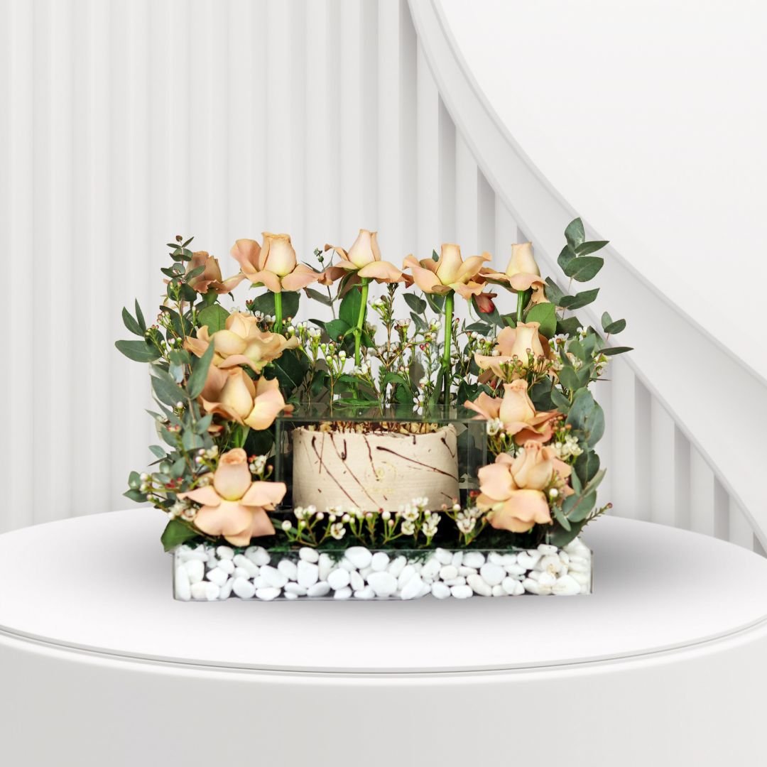 Graceful Floral Cake Arrangement - Cappuccino Roses with Ferrero Rocher Cake