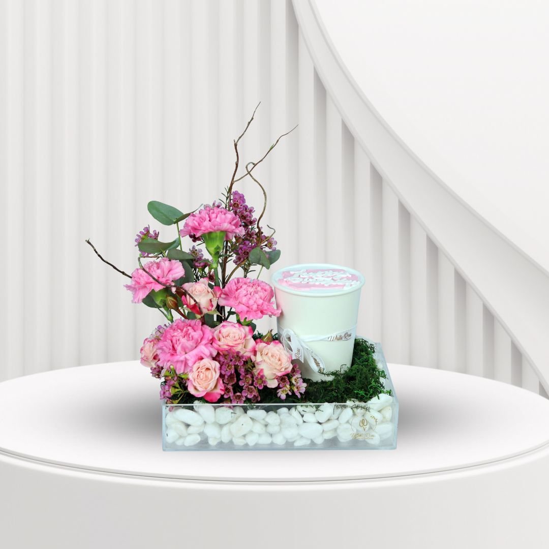 Pink Theme Creamy Cup - Carnations, Baby Roses, and Cupcake in Acrylic Tray