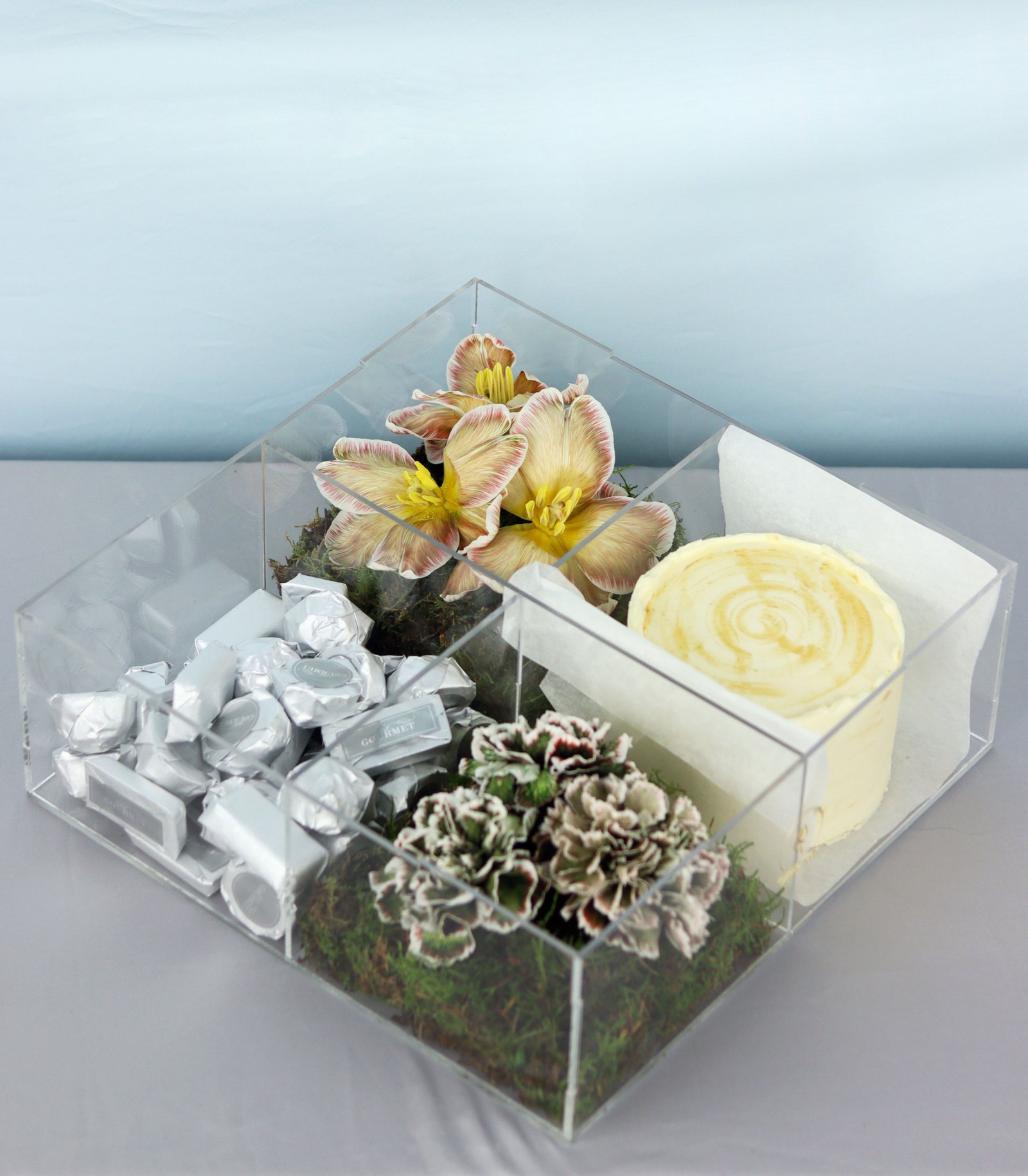 Square Joy Gift Set - Tulips, Cake, and Chocolate Delight