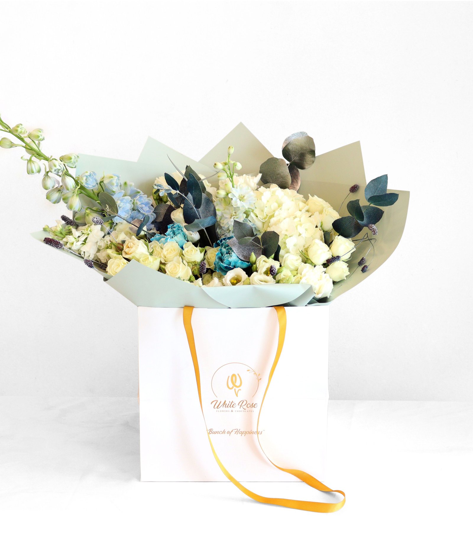 Shades of Blue Sky Bouquet - Elegant Flowers in Chic Bag