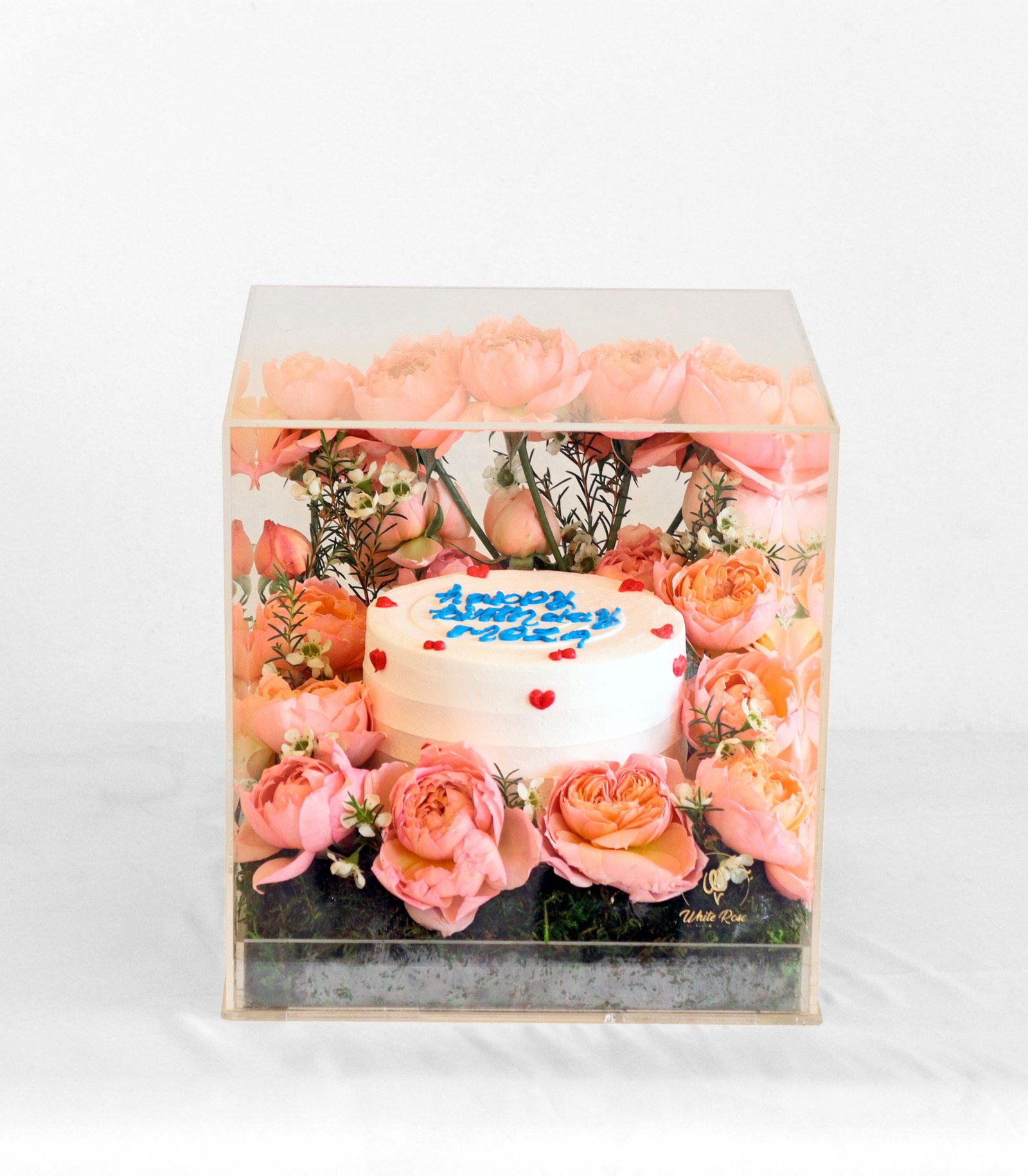 Floral Cake Box - Juliet Roses and Cake in Acrylic Box