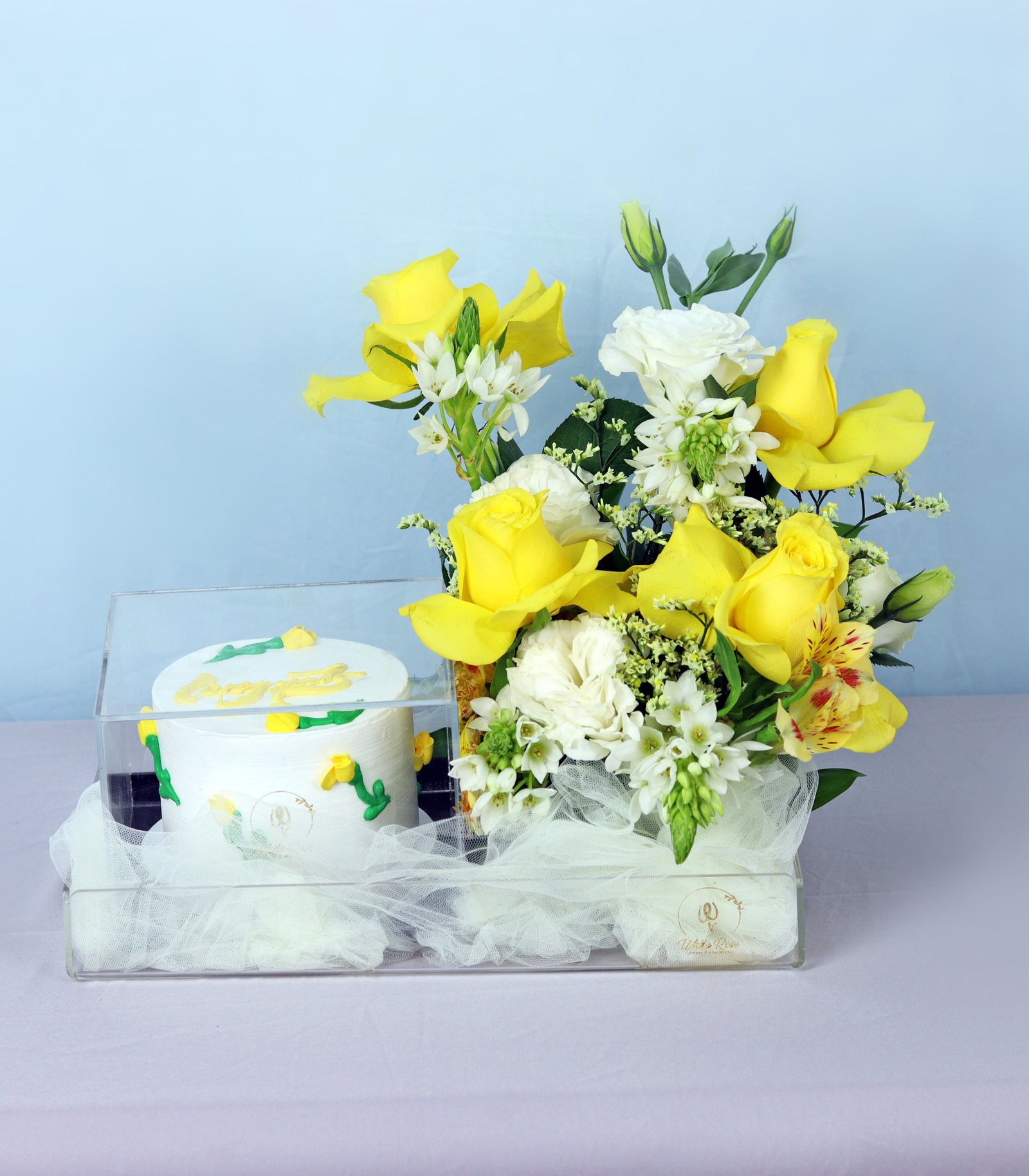 Yellow Roses and Cake Tray - Elegant Flowers with 300g Cake