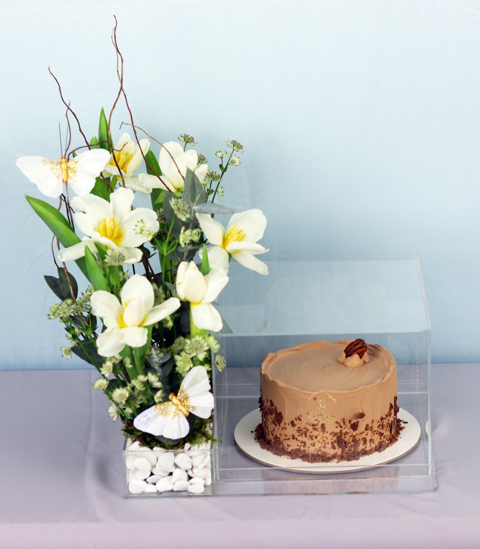 Vibrant Floral Cake - Tulips and Chocolate Cake in Acrylic Box