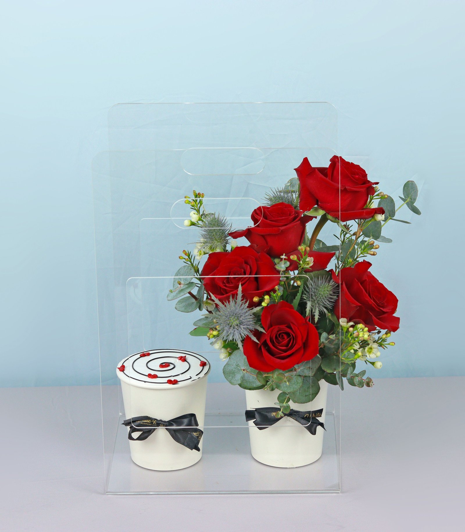 Red Rose Cake Cup - Elegant Roses and Cupcake in Acrylic Bag