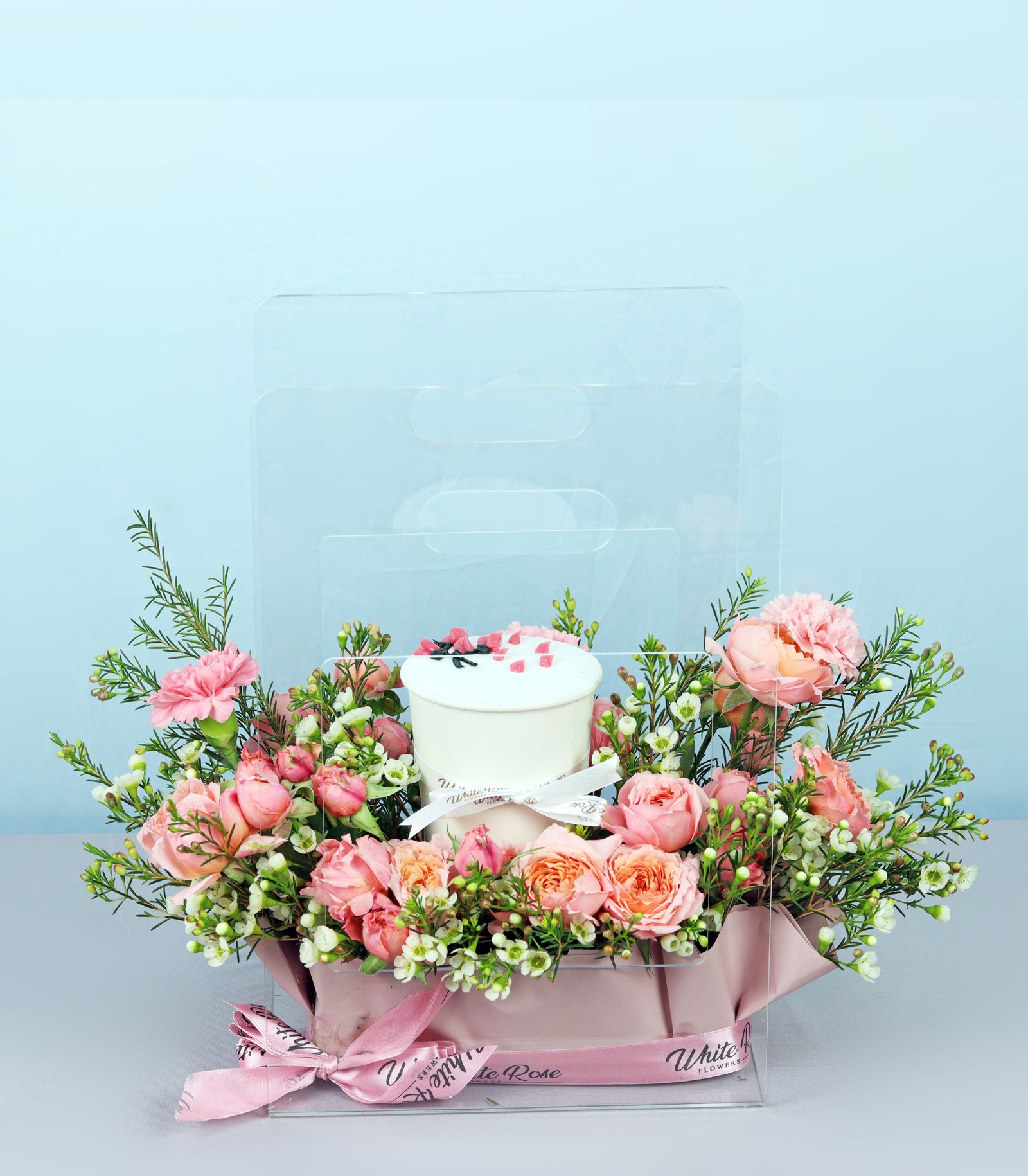 Charming Pink Cake Arrangement - Flowers and Cupcake in Acrylic Bag