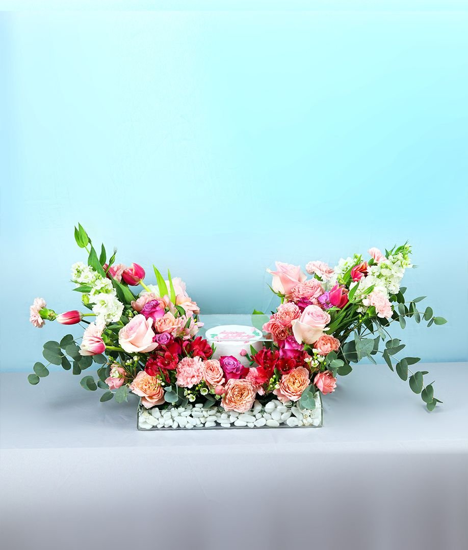 Vivid Garden Cake Arrangement - Flowers and Cake in Acrylic Tray