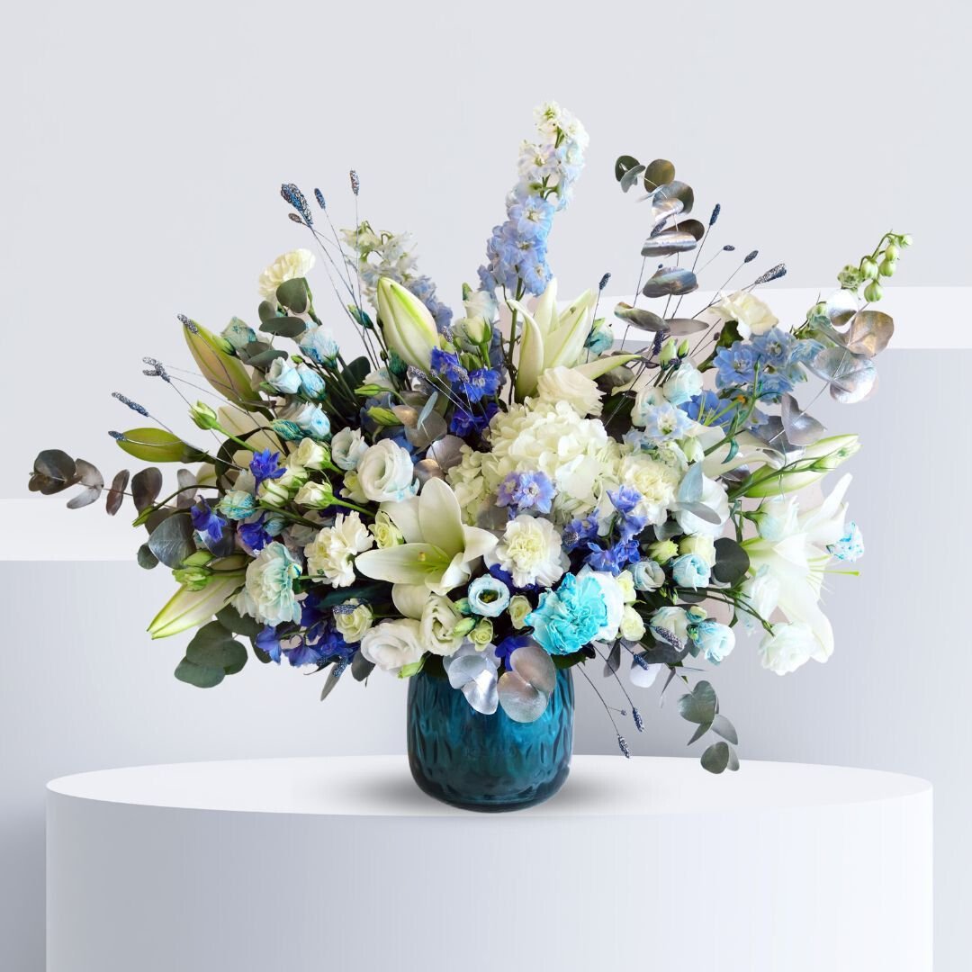 Azure Breeze Arrangement - Captivating Floral Display in Sophisticated Vase