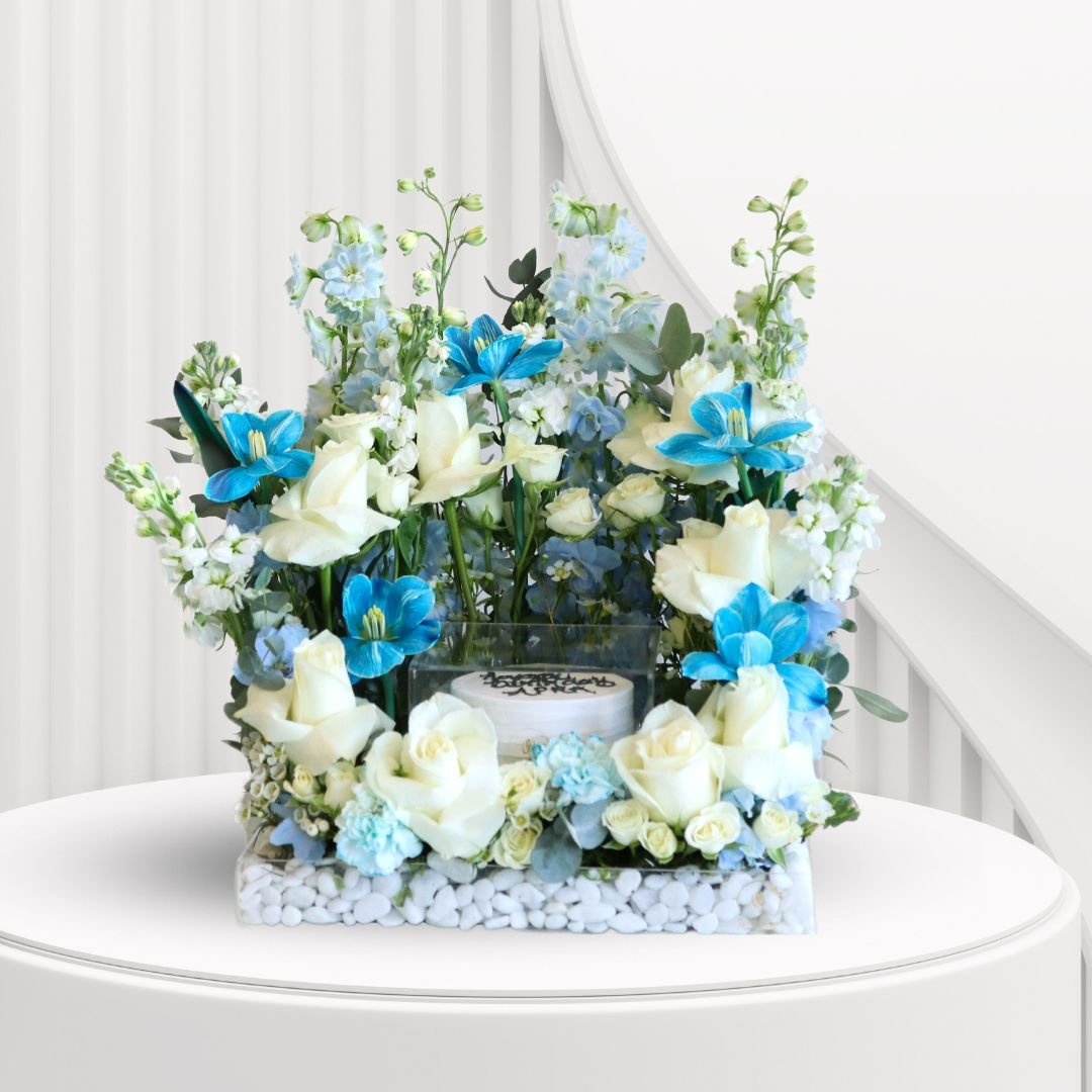 Blue Mint Cake Arrangement - Flowers and Cake in Acrylic Tray