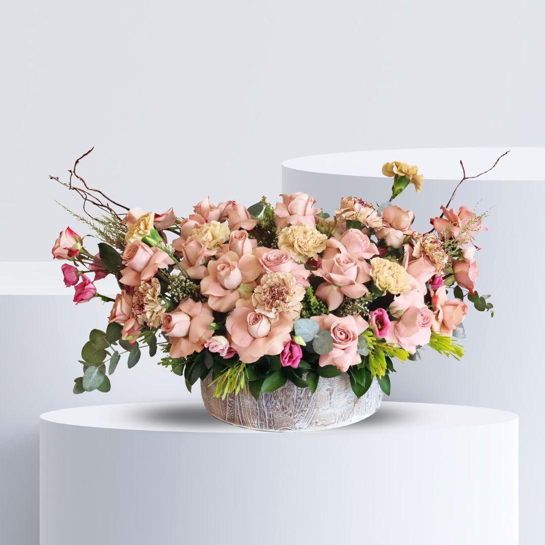 Cappuccino Flowers in Wood - Elegant Floral Arrangement in Wooden Vase