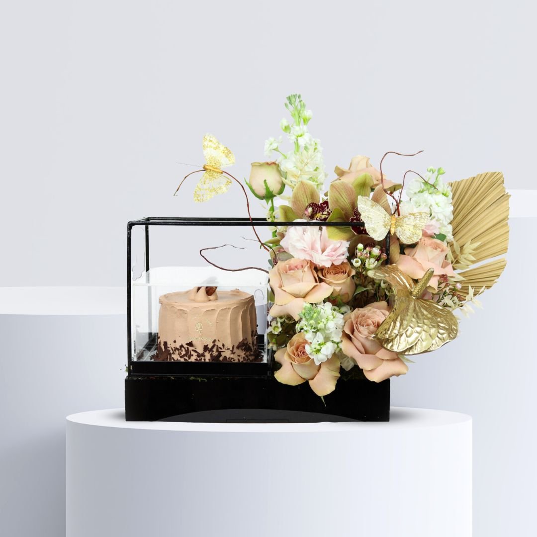 Chocolate Cake and Flowers - Elegant Floral Gift Set