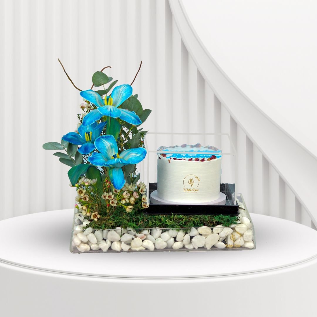 Deep Blue Cake Arrangement - Tulips and Cake in Acrylic Tray