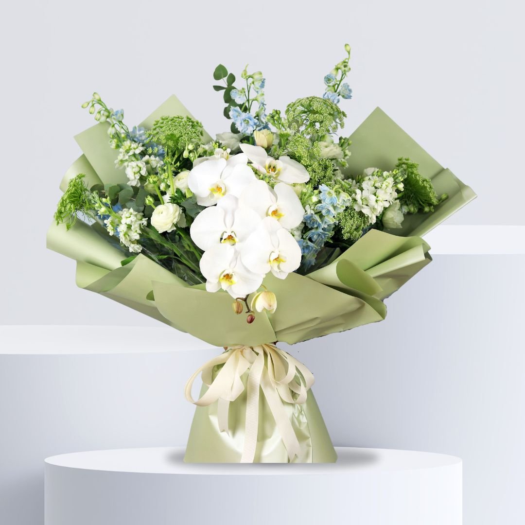 Elegant Orchid Bouquet - Phalaenopsis and Delphinium Arrangement