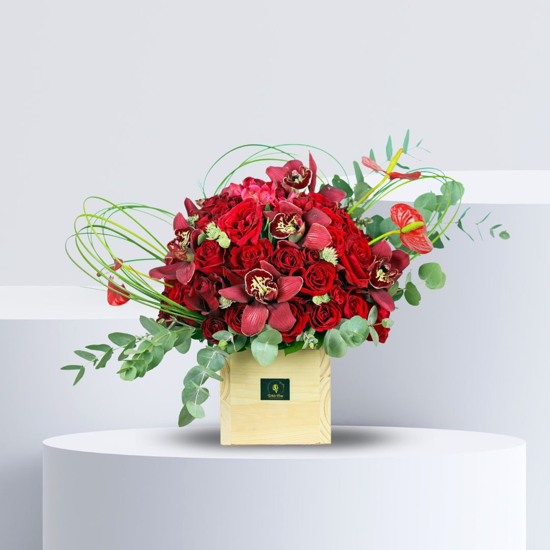 Expressing The Love Box - Red Roses and Orchids in Wooden Box