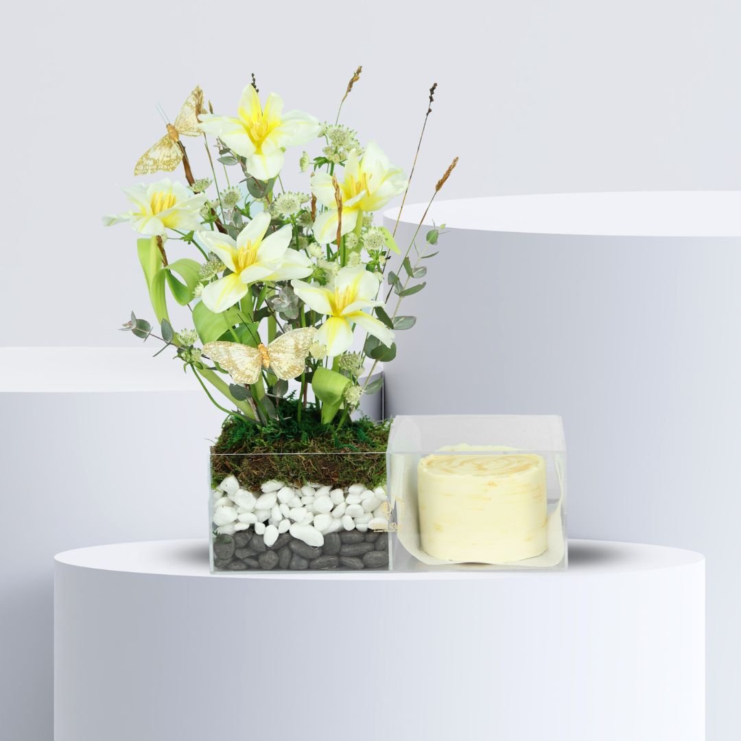 Garden Tulips and Cake - Elegant Floral and Dessert Gift