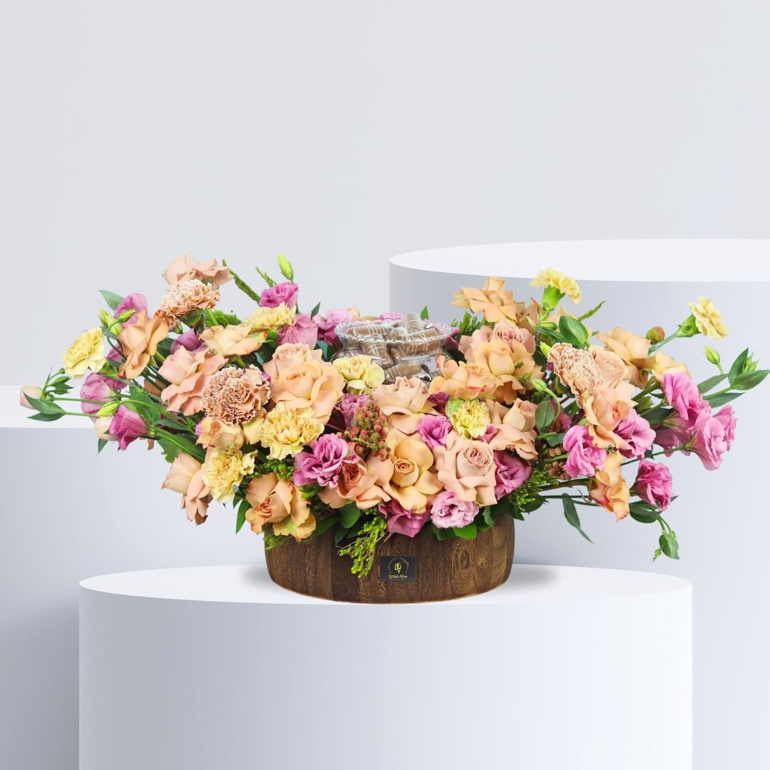 Golden Hour Arrangement - Elegant Flowers with Chocolate