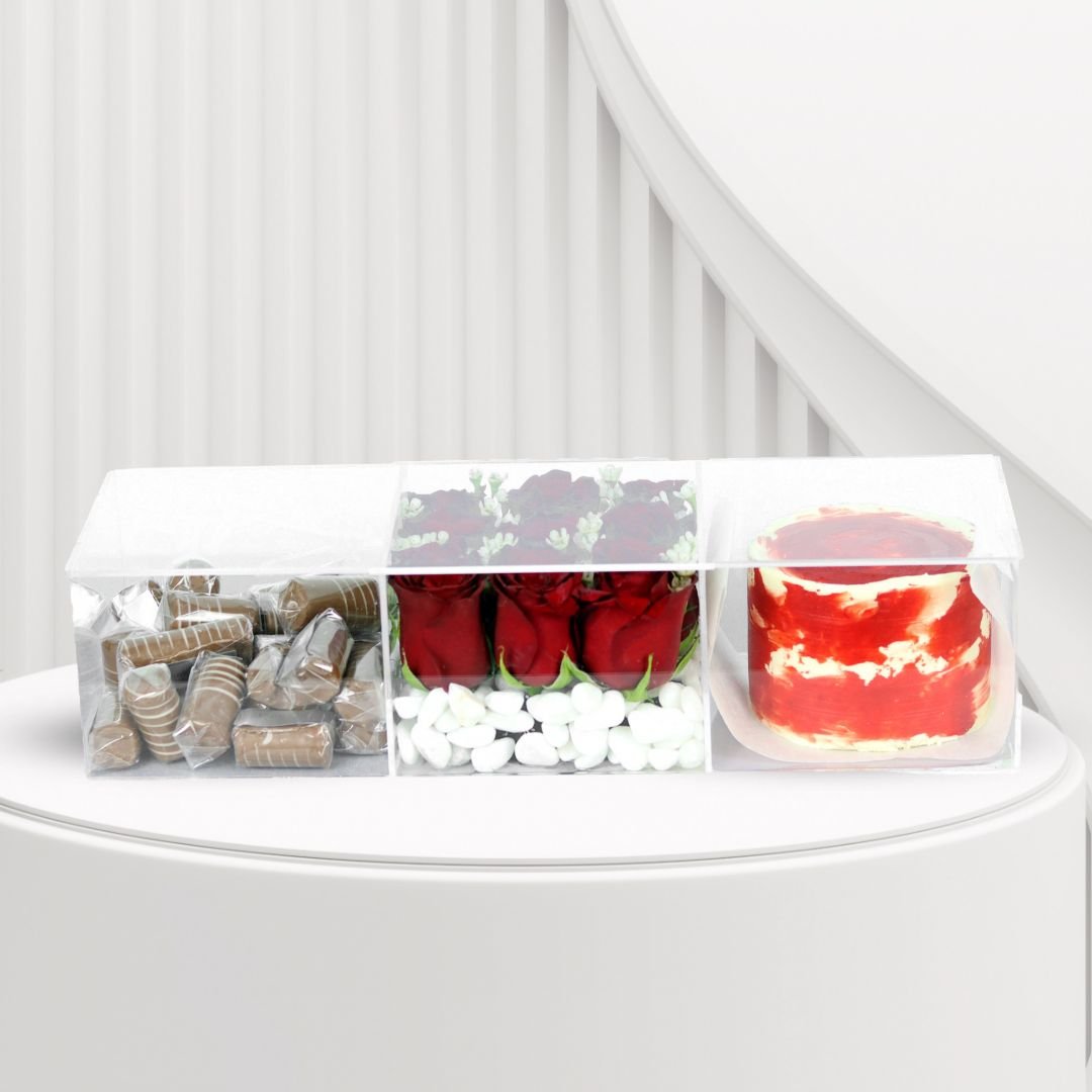 Impressive Gift Box - Red Roses, Cake, and Chocolates in Acrylic Box