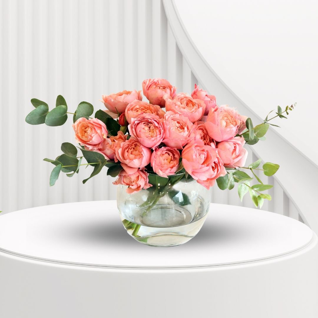 Juliet Flower Bowl - Elegant Roses in Glass Bowl Vase