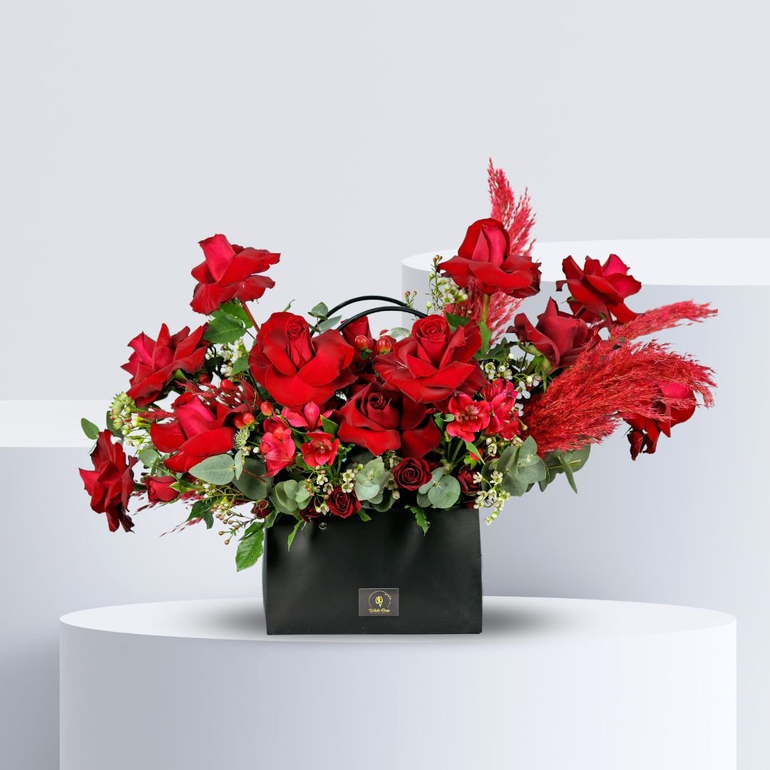 Love You Flower Bag - Red Roses and Pampas Grass in Stylish Black Bag
