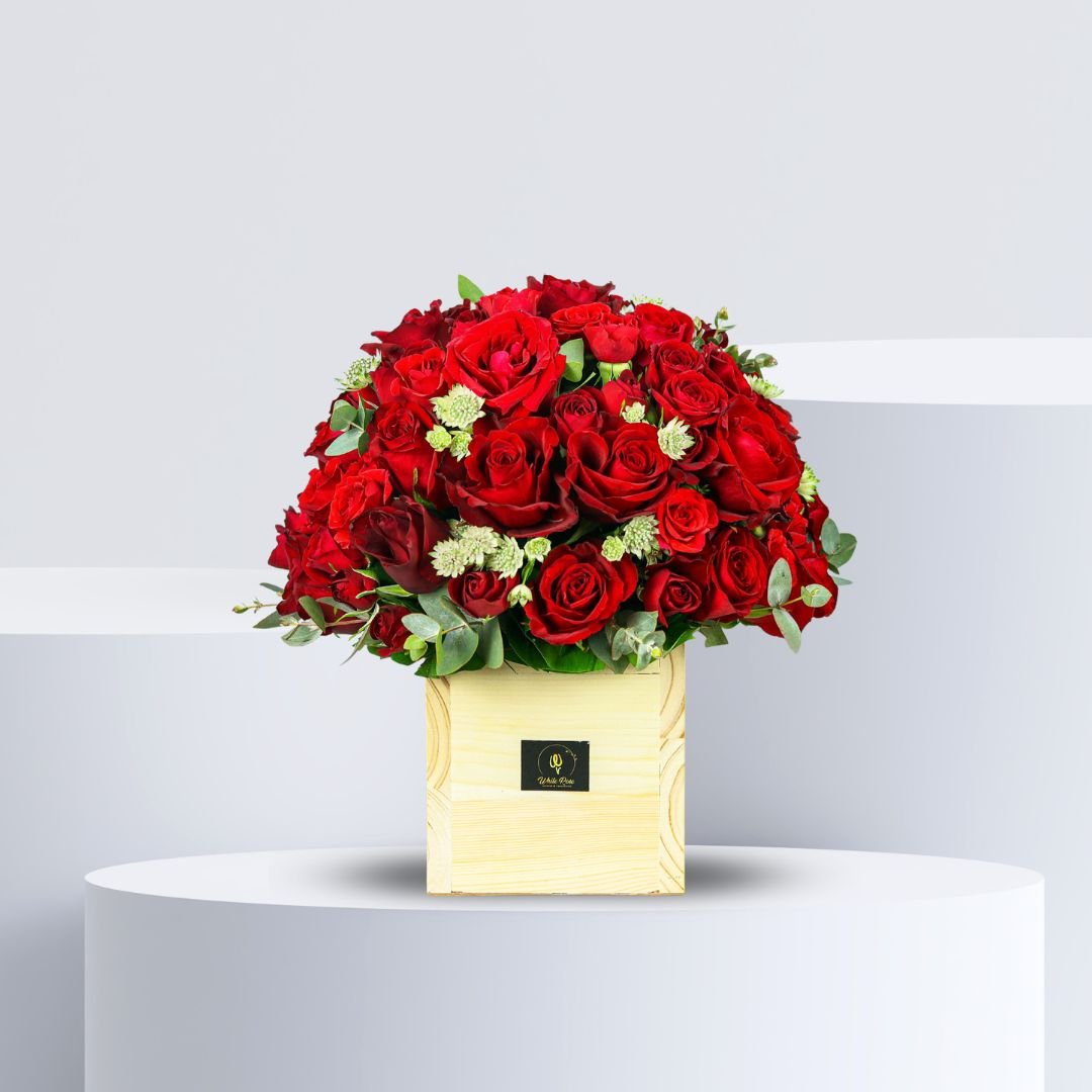 Lovely Feeling Flowers - Red Roses and Astrantia in Wooden Box