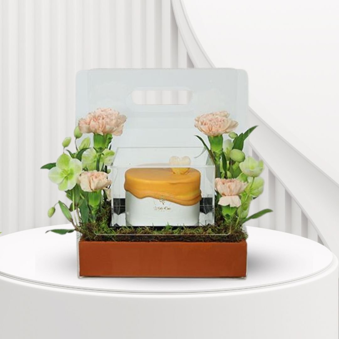 Miracle Cake Acrylic Bag Arrangement - Flowers and Mini Cake Gift