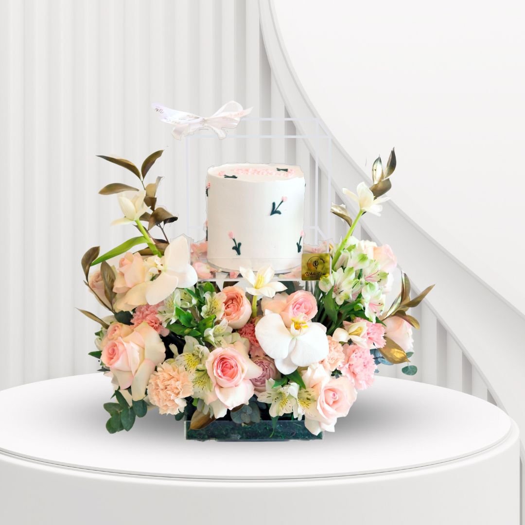 Oh So Pretty Cake Arrangement - Flowers and 1kg Cake on Acrylic Stand
