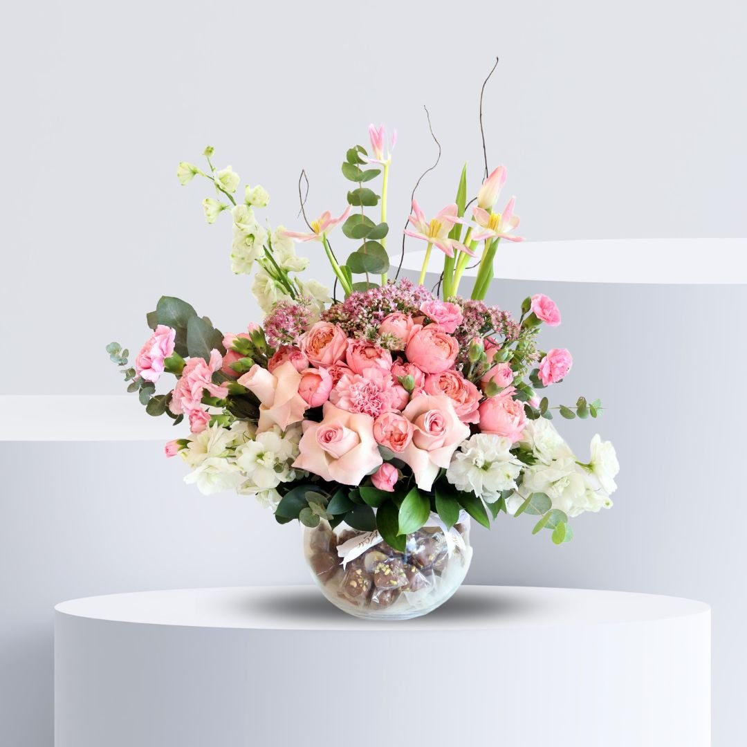 Pink Paradise Chocolate Bowl - Flowers and Chocolates in Glass Bowl