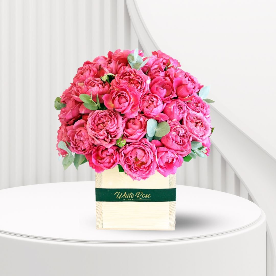 Pink Rose Ball Arrangement - Elegant Roses in Wooden Vase