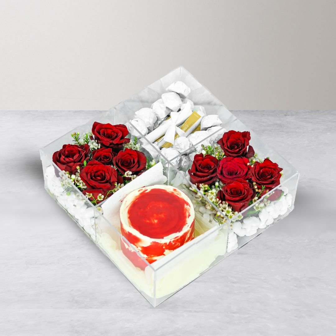Pure Love Gift Box - Red Roses, Cake, and Chocolates in Acrylic Box