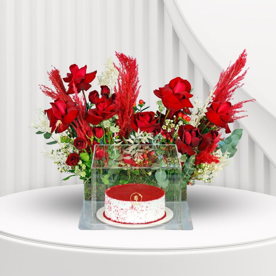 Red Garden Gift Set - Roses and Red Velvet Cake in Acrylic Box