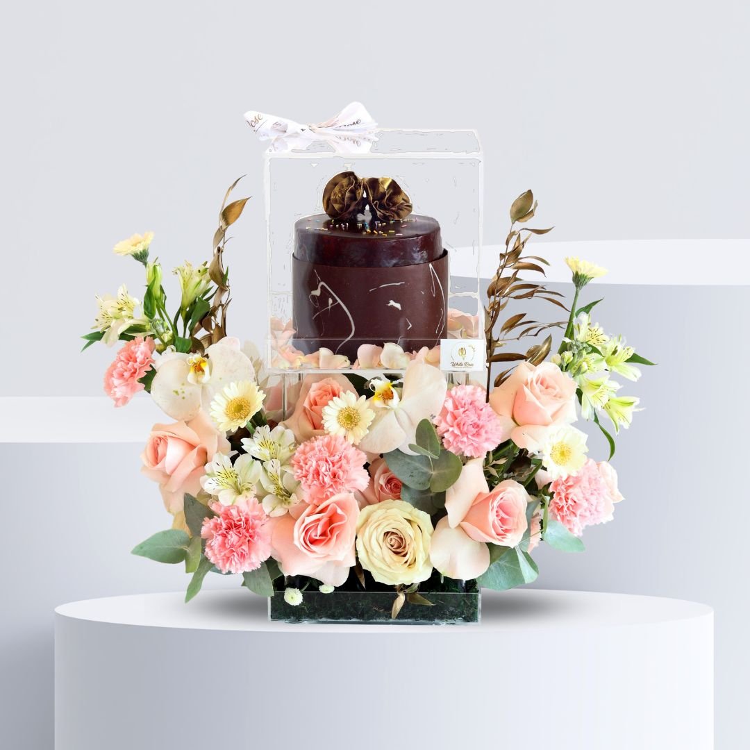 Signature Cake and Flowers - Elegant Floral and Cake Arrangement