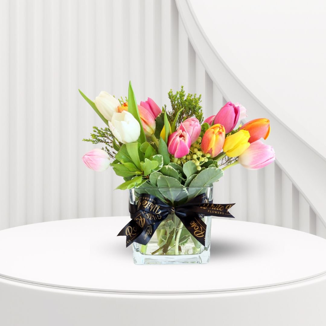 Summer Tulips Vase - Vibrant Tulip Arrangement in Glass Vase