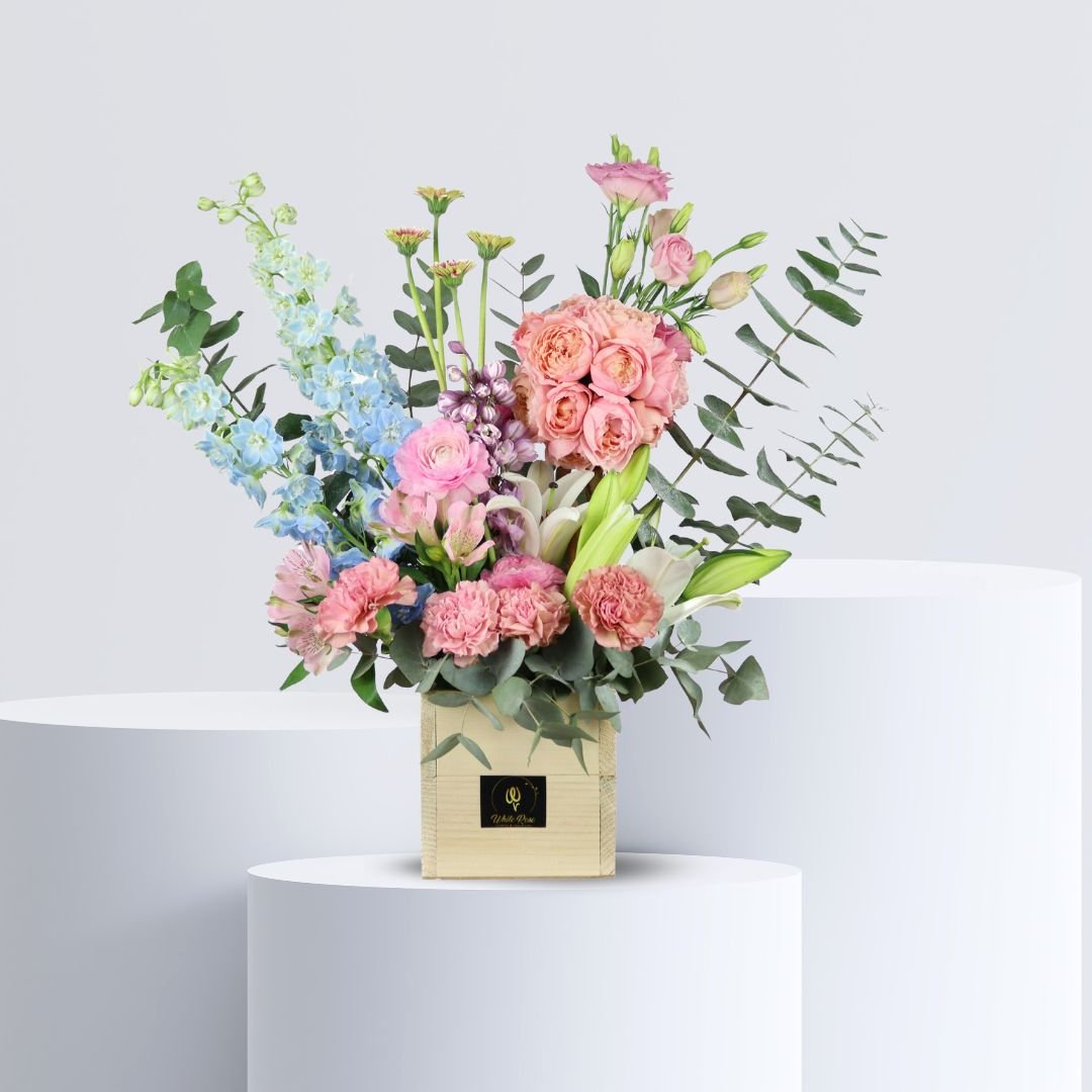 The Delicate Charm Arrangement - Rustic Floral Elegance in Wooden Vase
