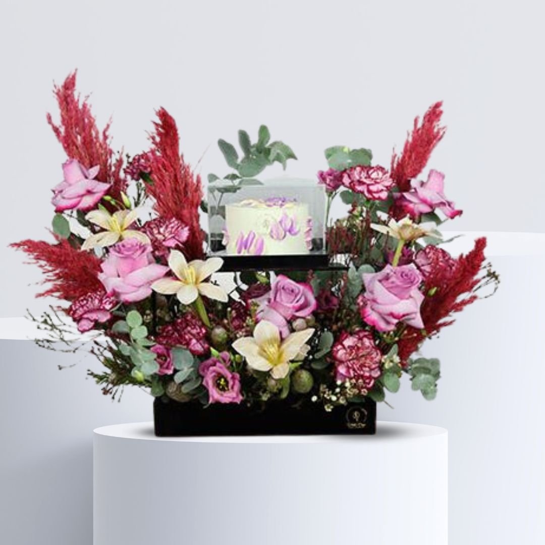 The Memories Cake Arrangement - Elegant Flowers and Mini Cake Gift