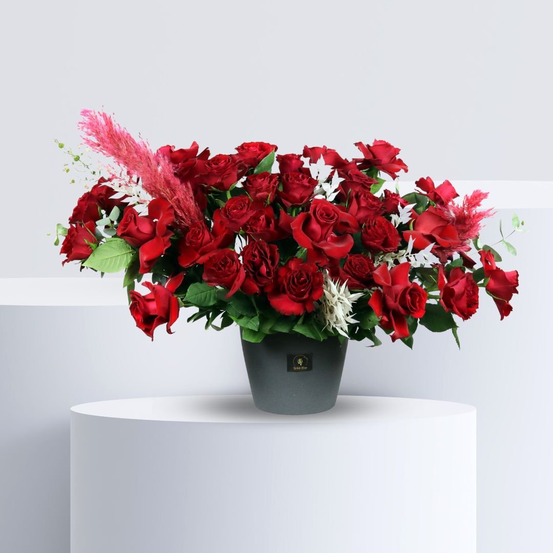 Hearts In Bloom Arrangement - Elegant Red Roses in Ceramic Vase