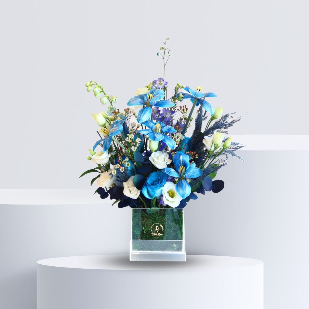 Elegant Blue Arrangement - Sophisticated Floral Display in Acrylic Box