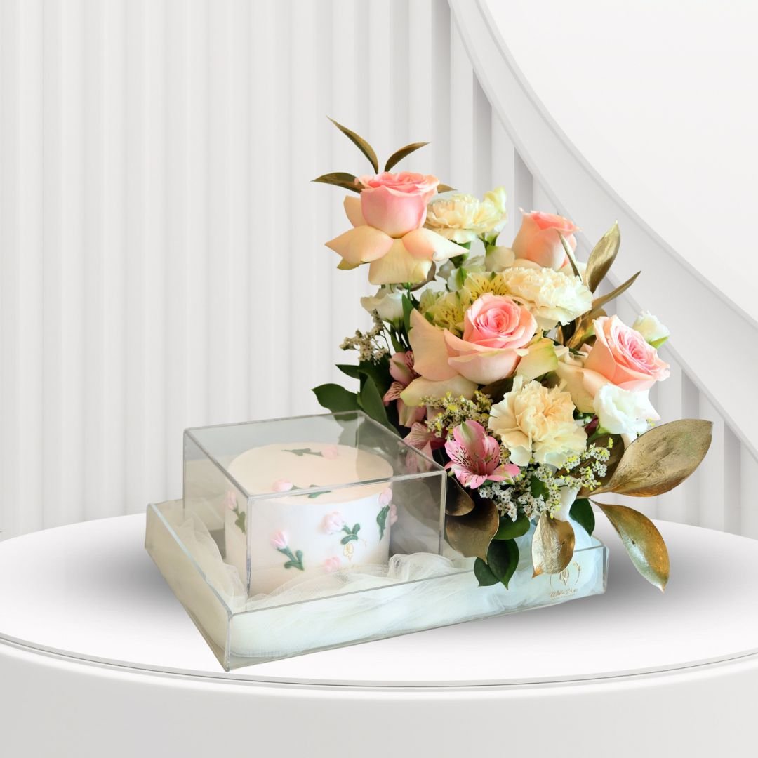 Warm Embrace Cake Arrangement - Roses, Carnations, and Cake Gift Tray