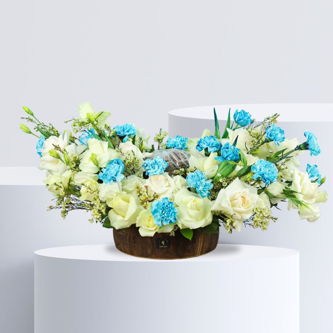 White and Blue Wooden Vase - Elegant Flowers with Chocolate