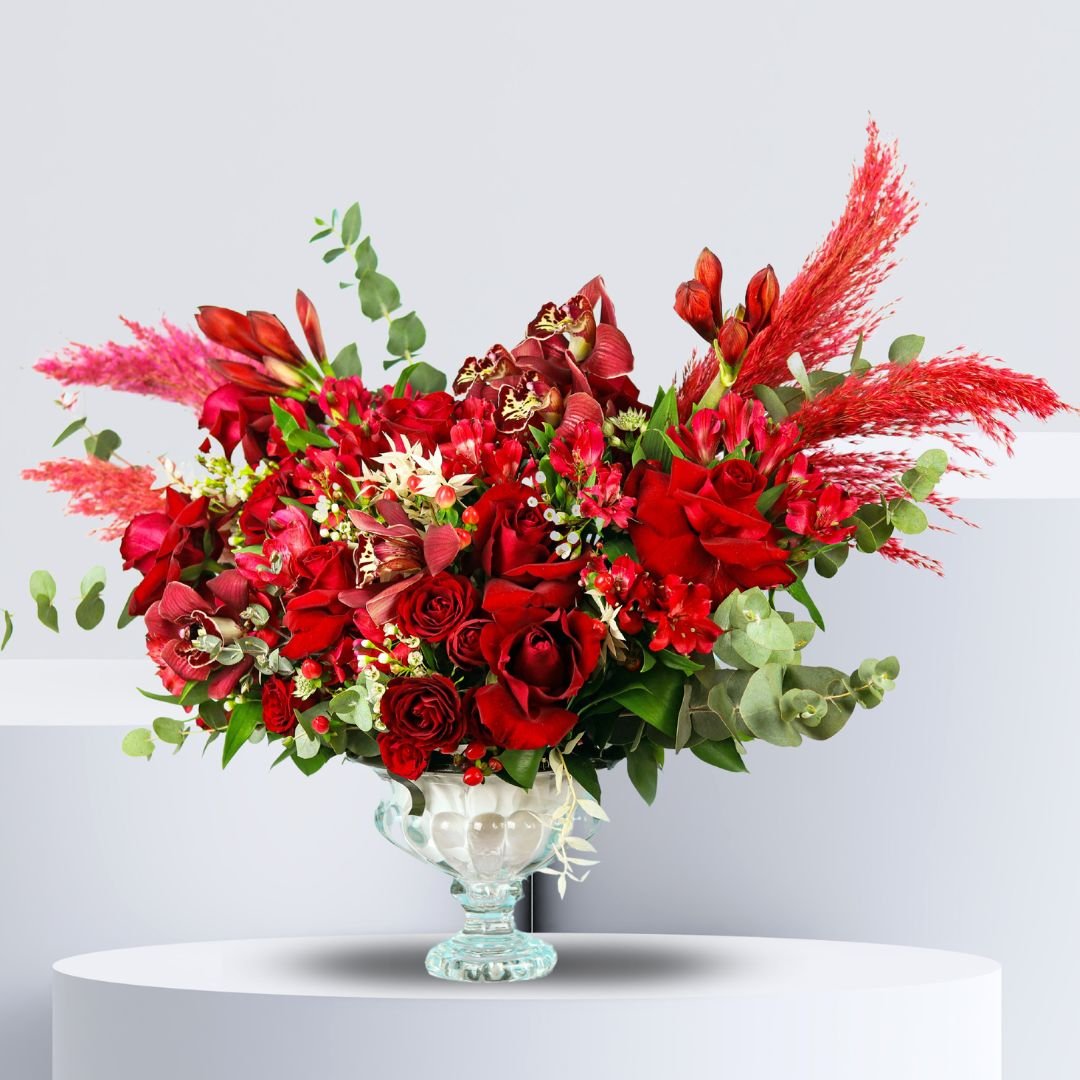You Look Great Arrangement - Red Roses, Orchids, and Pampas Grass in Vase