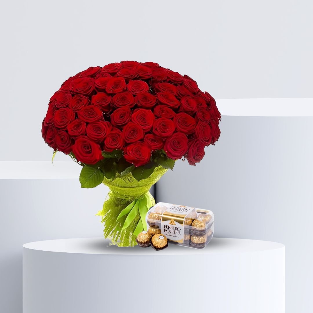 Premium Red Roses Bouquet with Ferrero Rocher