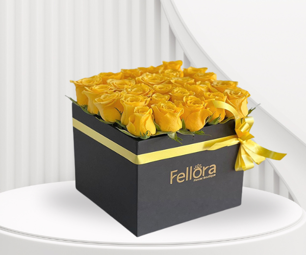 Rose Bliss Floral Box - 25 Vibrant Yellow Roses in Elegant Black Box