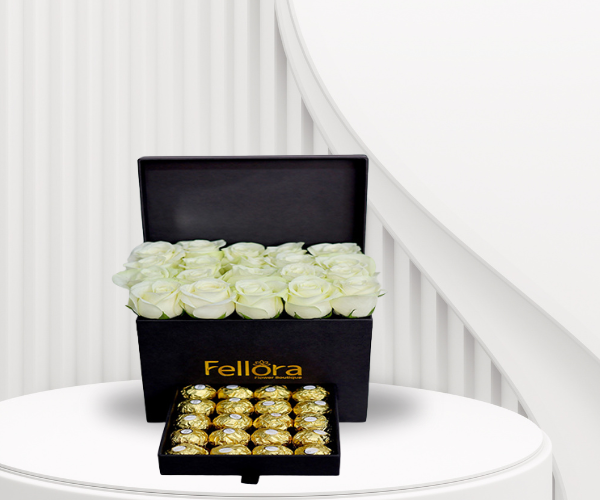 White Sweet Gift Box - White Roses and Ferrero Rocher Chocolates
