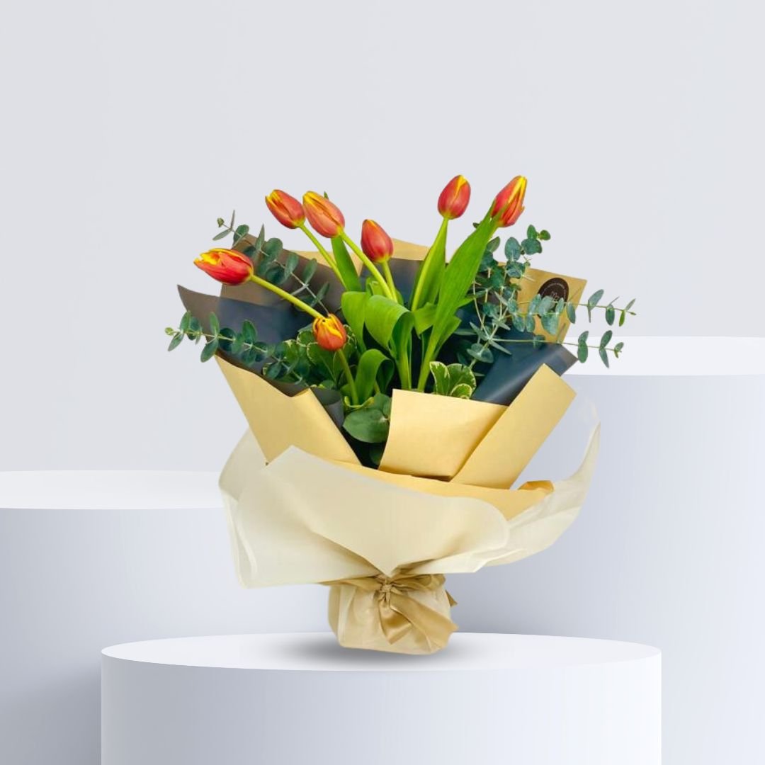 Blended Hues Tulip Bouquet - Two-tone Tulips with Eucalyptus