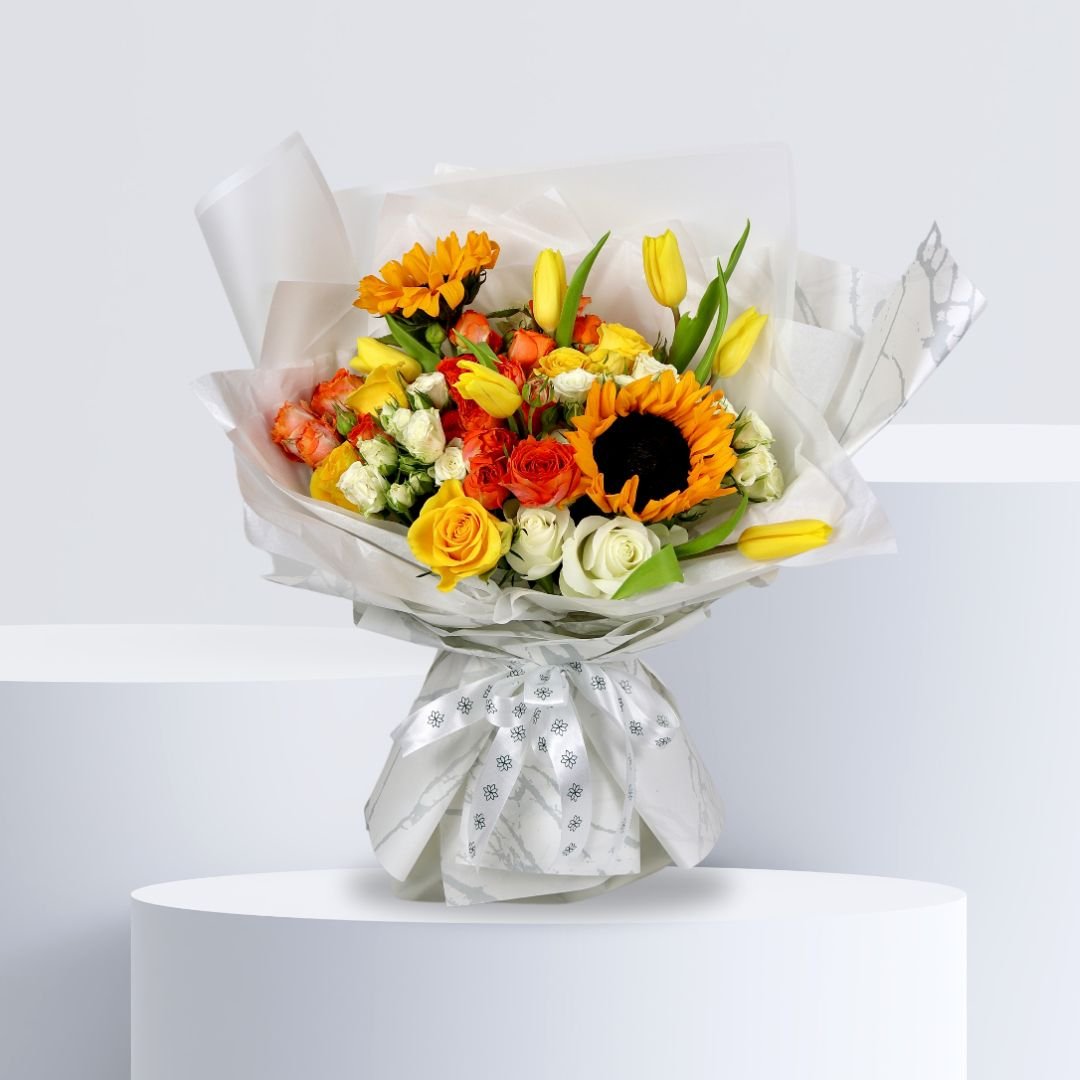 Rich Yellow Bliss Premium Bouquet - Vibrant Yellow Roses and Sunflowers